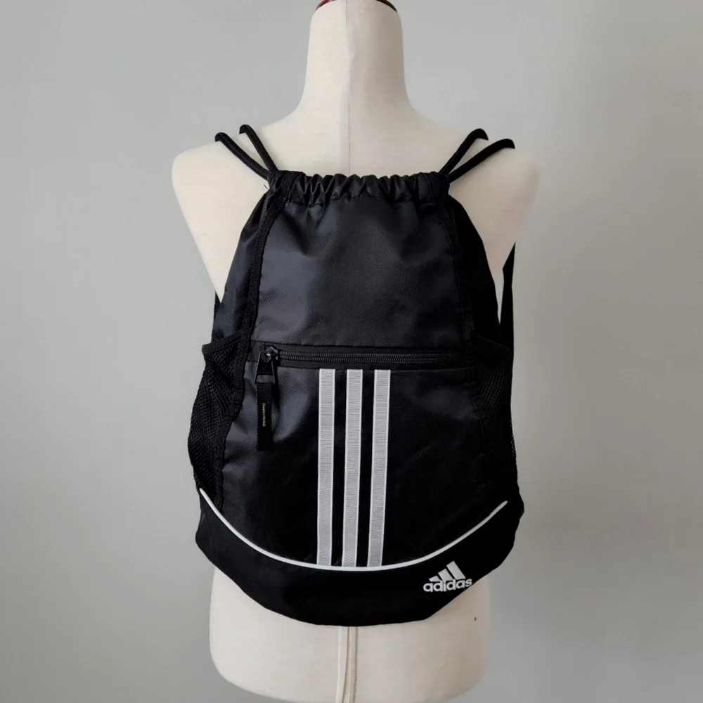Adidas Black 3 Stripe Sackpack With Continuous Double Drawcord Closure